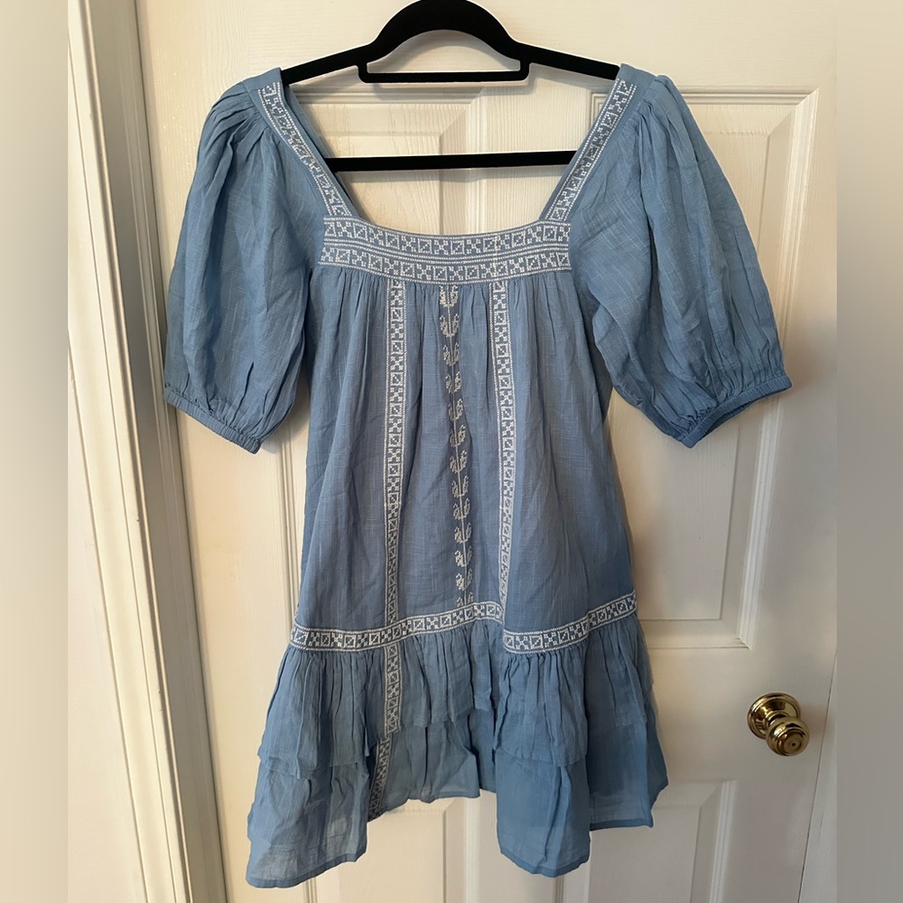 NWT Gorgeous Shore Blue Embroidered Peasant Dress size XS